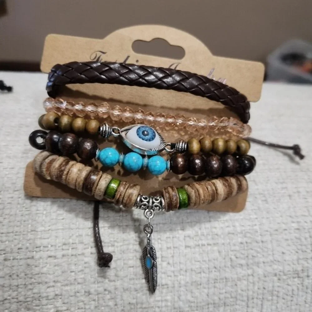 Nwt Unisex Brown Hues Leather & Beaded  Multi-Layer Bracelet Set